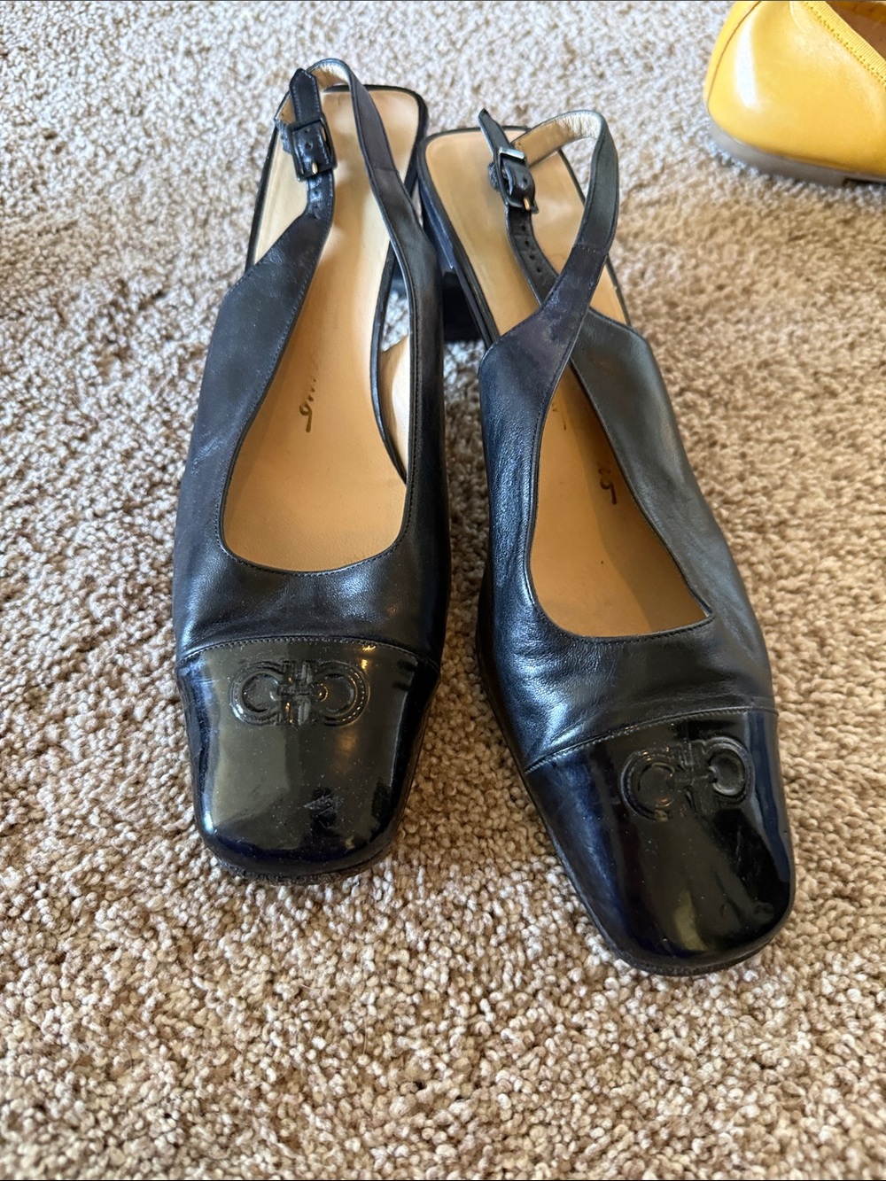 Salvatore Ferragamo Black Leather Slingback Pumps with Patent Toe Cap, vintage